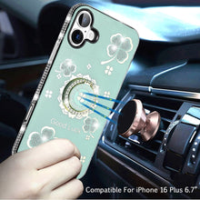 For iPhone 16 Plus 6.7in Case Crystal Studded Ring stand Bling + Tempered Glass