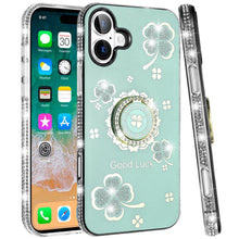 For iPhone 16 Plus 6.7in Case Crystal Studded Ring stand Bling + Tempered Glass
