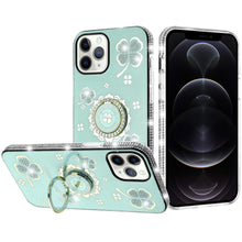 For iPhone 12 Pro Max Case Crystal Studded Ring Stand Bling + Tempered Glass