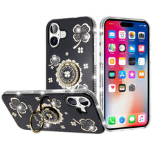 For iPhone 16 6.1inch Case Crystal Studded Ringstand Bling Cover +Tempered Glass