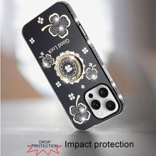 For iPhone 16 Pro 6.3in Case Crystal Studded Ring stand Bling + Tempered Glass
