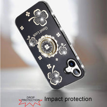 For iPhone 17 Case Crystal Studded Ring Stand Bling Phone Cover + Tempered Glass