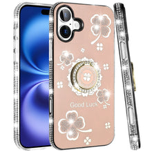 For iPhone 17 Case Crystal Studded Ring Stand Bling Phone Cover + Tempered Glass