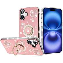 For iPhone 17 Case Crystal Studded Ring Stand Bling Phone Cover + Tempered Glass