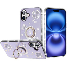 For iPhone 17 Case Crystal Studded Ring Stand Bling Phone Cover + Tempered Glass