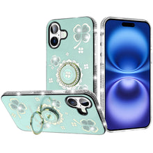 For iPhone 17 Case Crystal Studded Ring Stand Bling Phone Cover + Tempered Glass