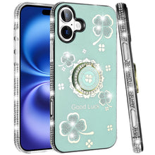 For iPhone 17 Case Crystal Studded Ring Stand Bling Phone Cover + Tempered Glass