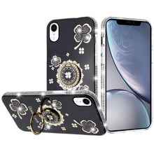 For iPhone XR Case Crystal Studded Ring Stand Bling Phone Cover + Tempered Glass