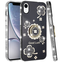 For iPhone XR Case Crystal Studded Ring Stand Bling Phone Cover + Tempered Glass
