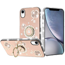 For iPhone XR Case Crystal Studded Ring Stand Bling Phone Cover + Tempered Glass