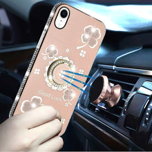 For iPhone XR Case Crystal Studded Ring Stand Bling Phone Cover + Tempered Glass