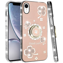 For iPhone XR Case Crystal Studded Ring Stand Bling Phone Cover + Tempered Glass