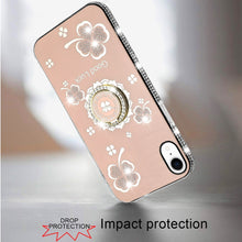For iPhone XR Case Crystal Studded Ring Stand Bling Phone Cover + Tempered Glass