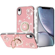 For iPhone XR Case Crystal Studded Ring Stand Bling Phone Cover + Tempered Glass