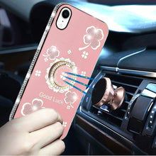 For iPhone XR Case Crystal Studded Ring Stand Bling Phone Cover + Tempered Glass