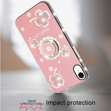 For iPhone XR Case Crystal Studded Ring Stand Bling Phone Cover + Tempered Glass