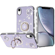 For iPhone XR Case Crystal Studded Ring Stand Bling Phone Cover + Tempered Glass
