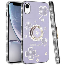 For iPhone XR Case Crystal Studded Ring Stand Bling Phone Cover + Tempered Glass