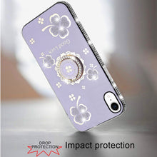 For iPhone XR Case Crystal Studded Ring Stand Bling Phone Cover + Tempered Glass
