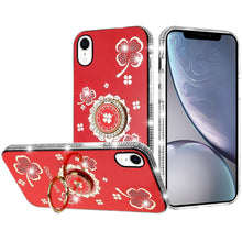 For iPhone XR Case Crystal Studded Ring Stand Bling Phone Cover + Tempered Glass