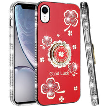 For iPhone XR Case Crystal Studded Ring Stand Bling Phone Cover + Tempered Glass