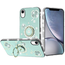 For iPhone XR Case Crystal Studded Ring Stand Bling Phone Cover + Tempered Glass