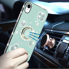 For iPhone XR Case Crystal Studded Ring Stand Bling Phone Cover + Tempered Glass