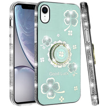 For iPhone XR Case Crystal Studded Ring Stand Bling Phone Cover + Tempered Glass