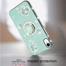 For iPhone XR Case Crystal Studded Ring Stand Bling Phone Cover + Tempered Glass
