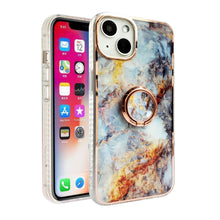 For iPhone 14 PRO Case RoseGold Chrome Edge IMD Marble Design Ring Stand Cover