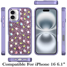 For iPhone 16 6.1inch Case Bling Diamond Tiny Roses Glitter + Tempered Glass