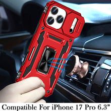 For iPhone 17 PRO Case Sliding Lens Cover with Metal Ring Stand + Tempered Glass