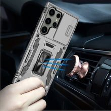 For Samsung S25 Ultra Case Slide Lens Cover Magnetic Ring Stand + Tempered Glass