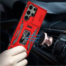 For Samsung S25 Ultra Case Slide Lens Cover Magnetic Ring Stand + Tempered Glass