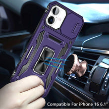 For iPhone 16 6.1inch Case Slide Lens Cover Magnetic Ring Stand + Tempered Glass