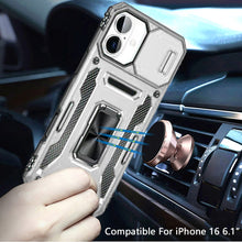 For iPhone 16 6.1inch Case Slide Lens Cover Magnetic Ring Stand + Tempered Glass