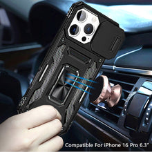 For iPhone 16 Pro 6.3in Case Slide Lens Cover Magnetic Ringstand +Tempered Glass