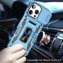 For iPhone 16 Pro 6.3in Case Slide Lens Cover Magnetic Ringstand +Tempered Glass