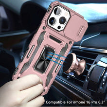 For iPhone 16 Pro 6.3in Case Slide Lens Cover Magnetic Ringstand +Tempered Glass