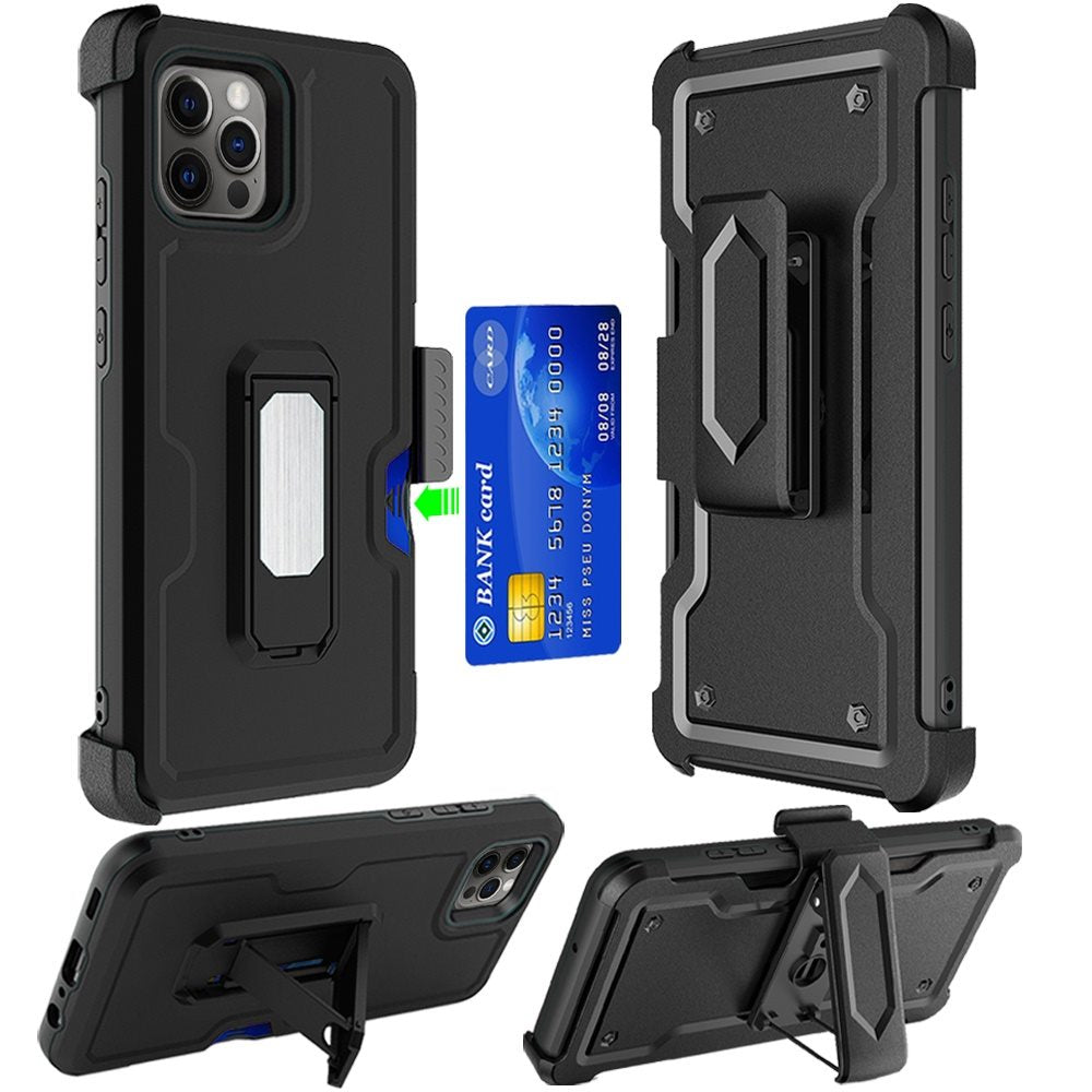 For Apple iPhone 11 (XI6.1) CARD Holster with Kickstand Clip Hybrid Case Cover