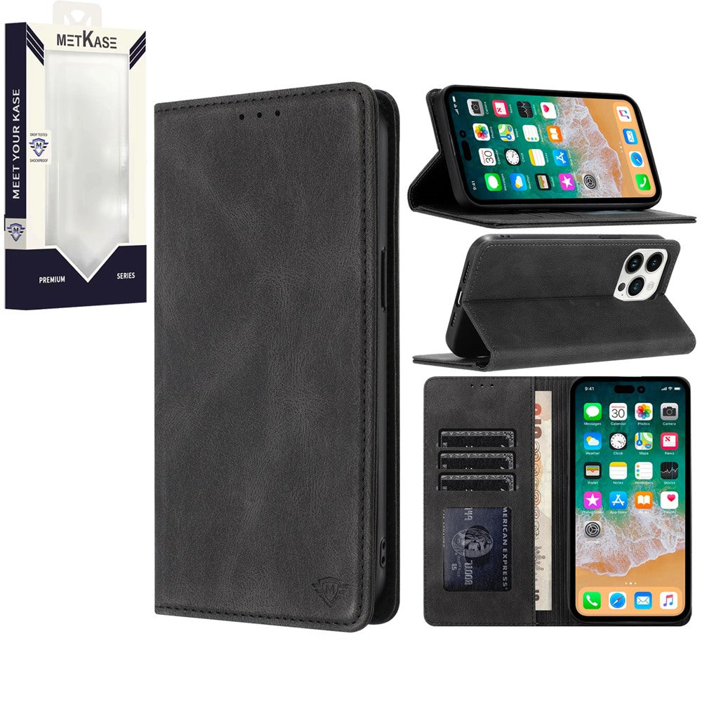 For iPhone 15 PRO Case Luxury Soft Vegan Leather Phone Wallet + 2 Tempered Glass