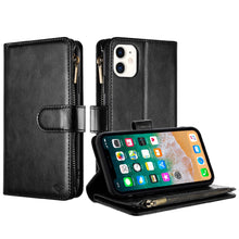 For iPhone 11 6.1 in. Case Luxury Vegan Leather Wallet Zipper + Tempered Glass