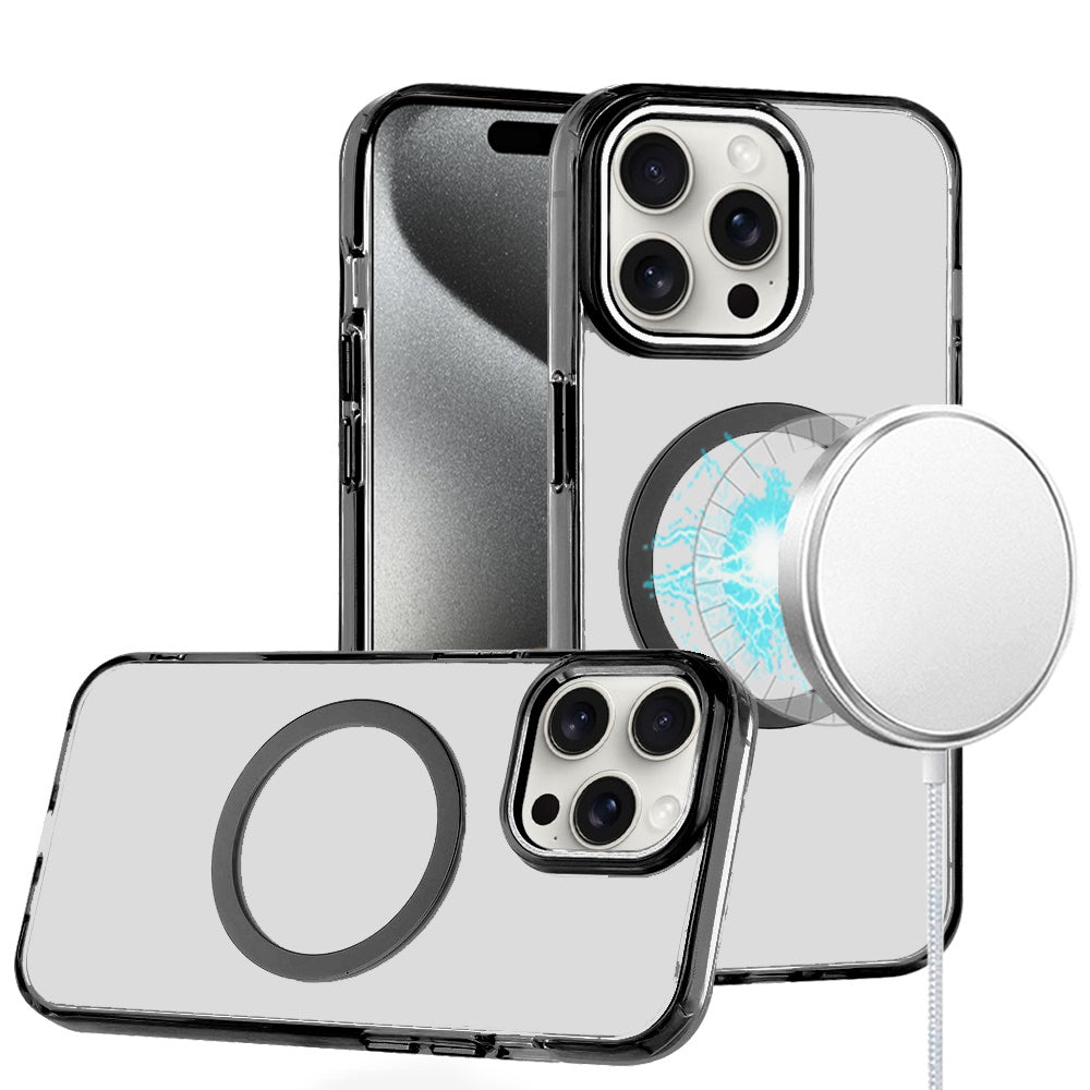 For iPhone 15 Pro Max Case Magnetic Circle Trans-Clear Acrylic +2 Tempered Glass