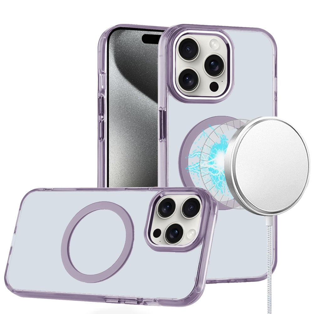 For iPhone 15 Pro Max Case Magnetic Circle Trans-Clear Acrylic +2 Tempered Glass