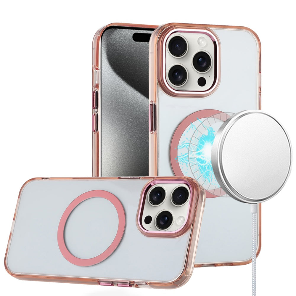 For iPhone 15 Pro Max Case Magnetic Circle Trans-Clear Acrylic +2 Tempered Glass