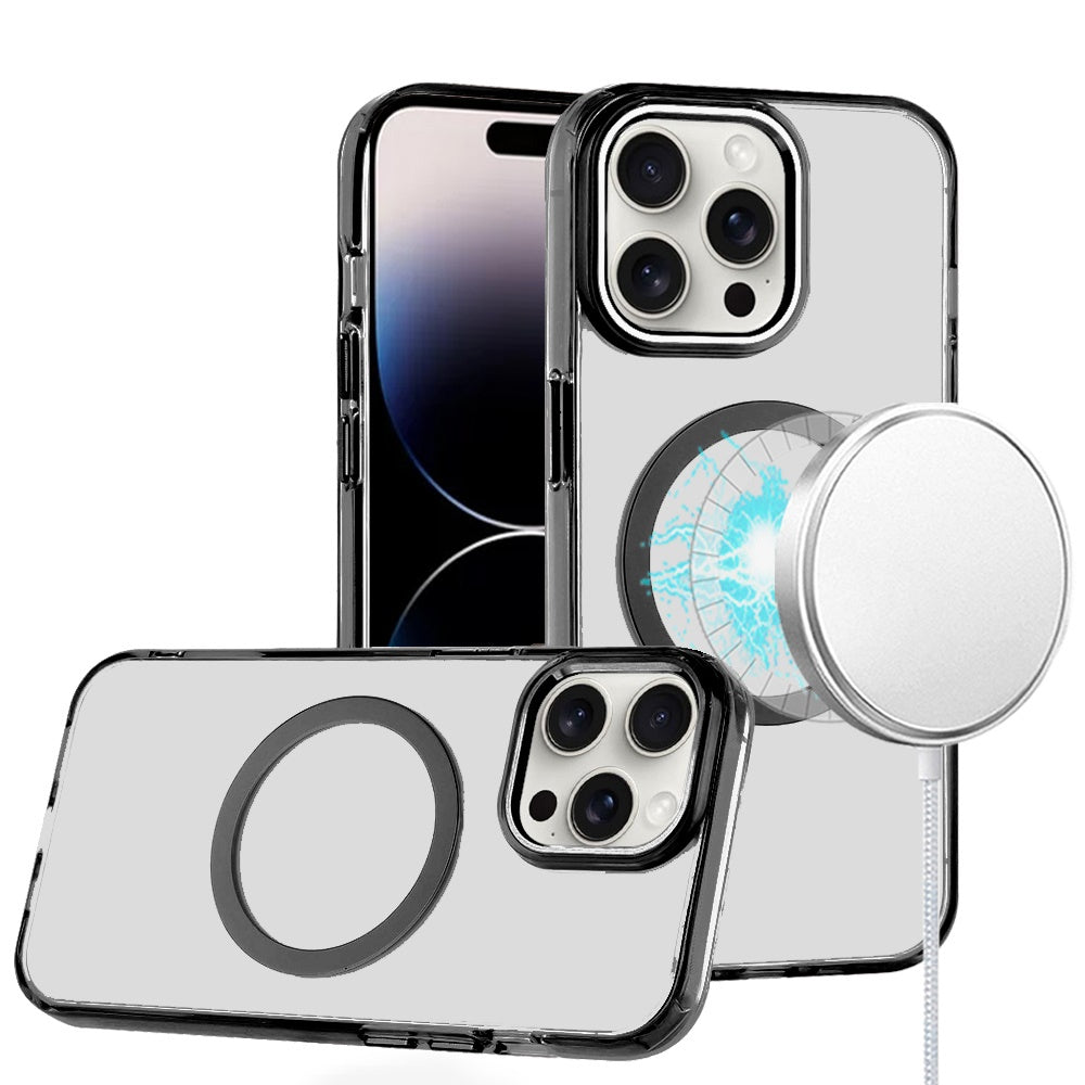 For iPhone 14 PRO Case Magnetic Circle Trans-Clear w/ Metal Buttons Phone Cover