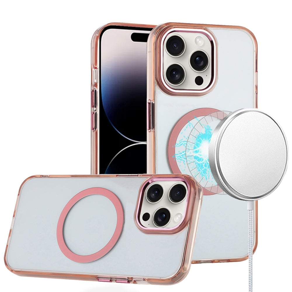 For iPhone 14 PRO Case Magnetic Circle Trans-Clear w/ Metal Buttons Phone Cover