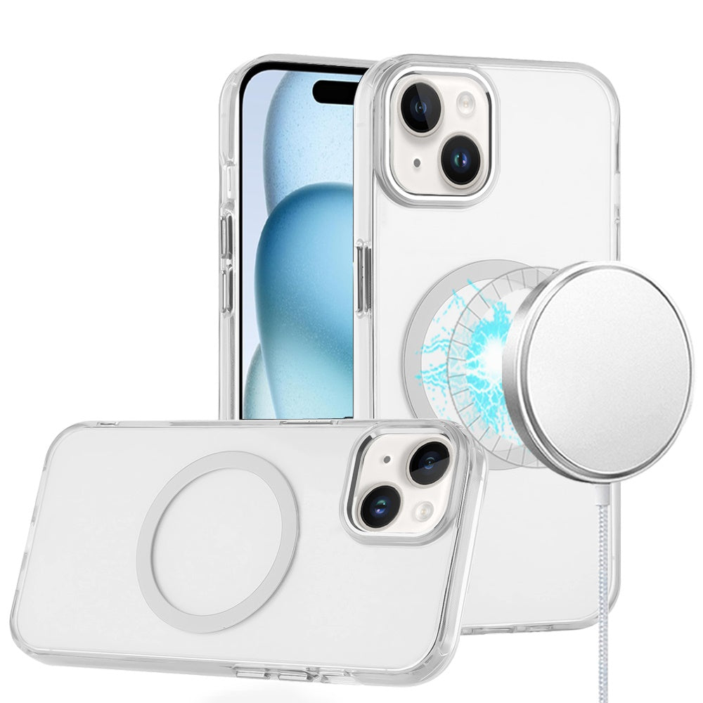 For iPhone 15 Case Trans-Clear Metal Buttons Acrylic Cover + 2 Tempered Glass