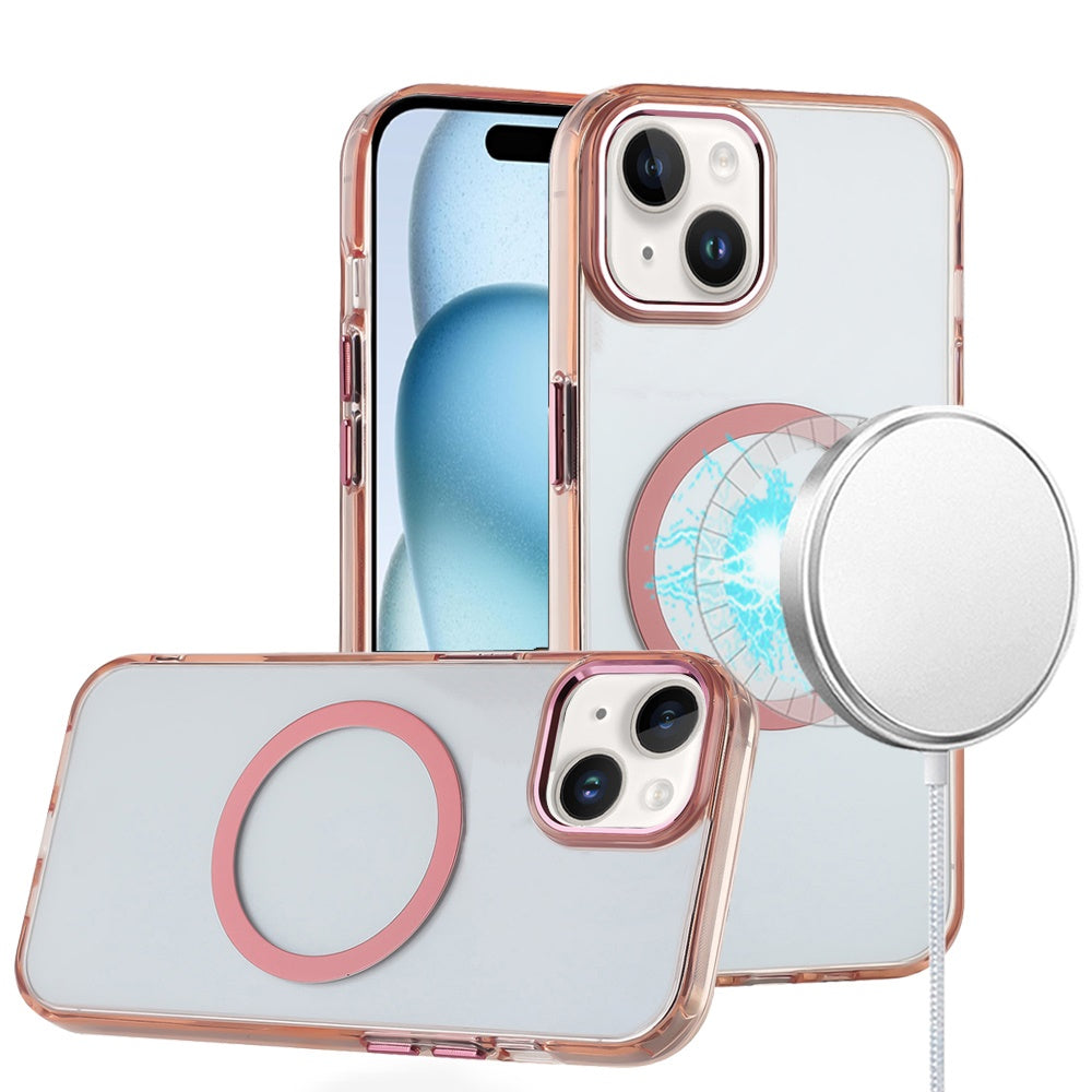 For iPhone 15 Case Trans-Clear Metal Buttons Acrylic Cover + 2 Tempered Glass