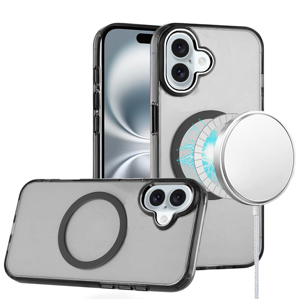 For iPhone 16 6.1inch Case Metal Buttons Trans-Clear Phone Cover +Tempered Glass